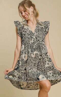 Umgee Womens S Black White Floral Ruffle Cap Sleeve Babydoll Mini Dress Boho